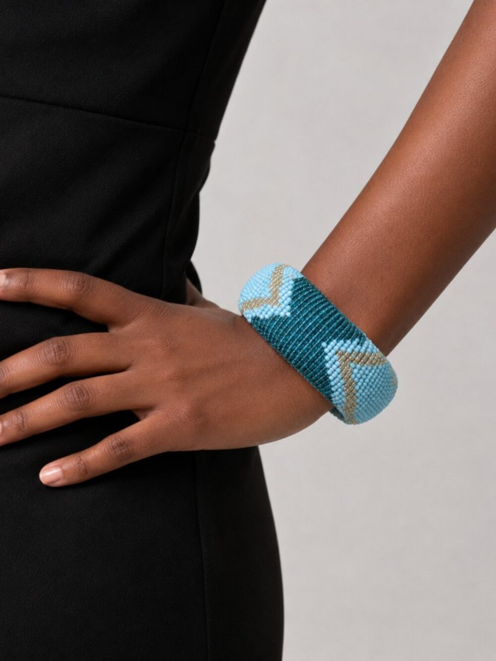 Turquoise Teal Gold Beaded Bangle Bracelet Chunky Boho Geometric Cuff